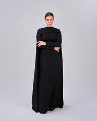 Black dress with folded neckline and flowered back cape - SIENA