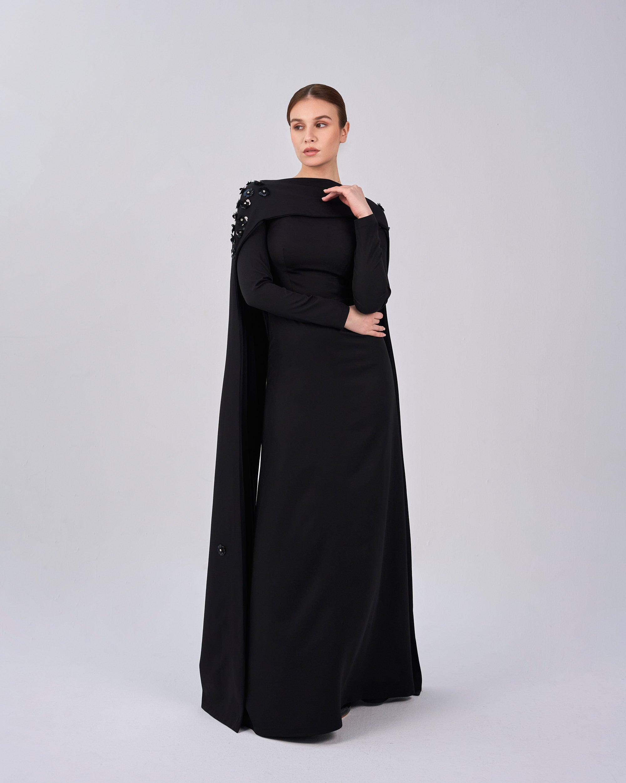 Black dress with folded neckline and flowered back cape - SIENA