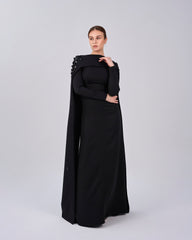 Black dress with folded neckline and flowered back cape - SIENA