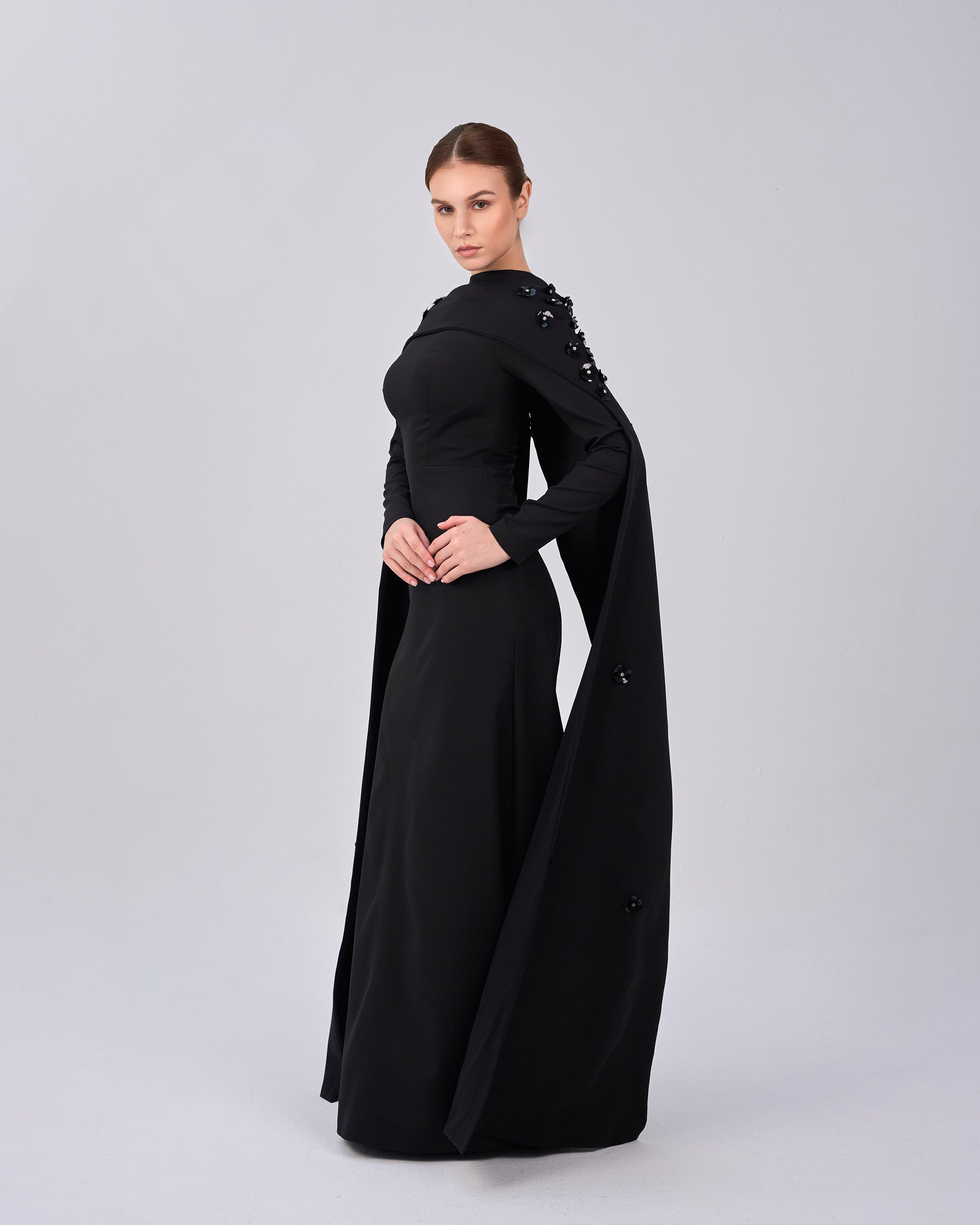Black dress with folded neckline and flowered back cape - SIENA