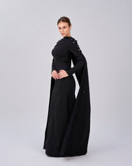 Black dress with folded neckline and flowered back cape - SIENA