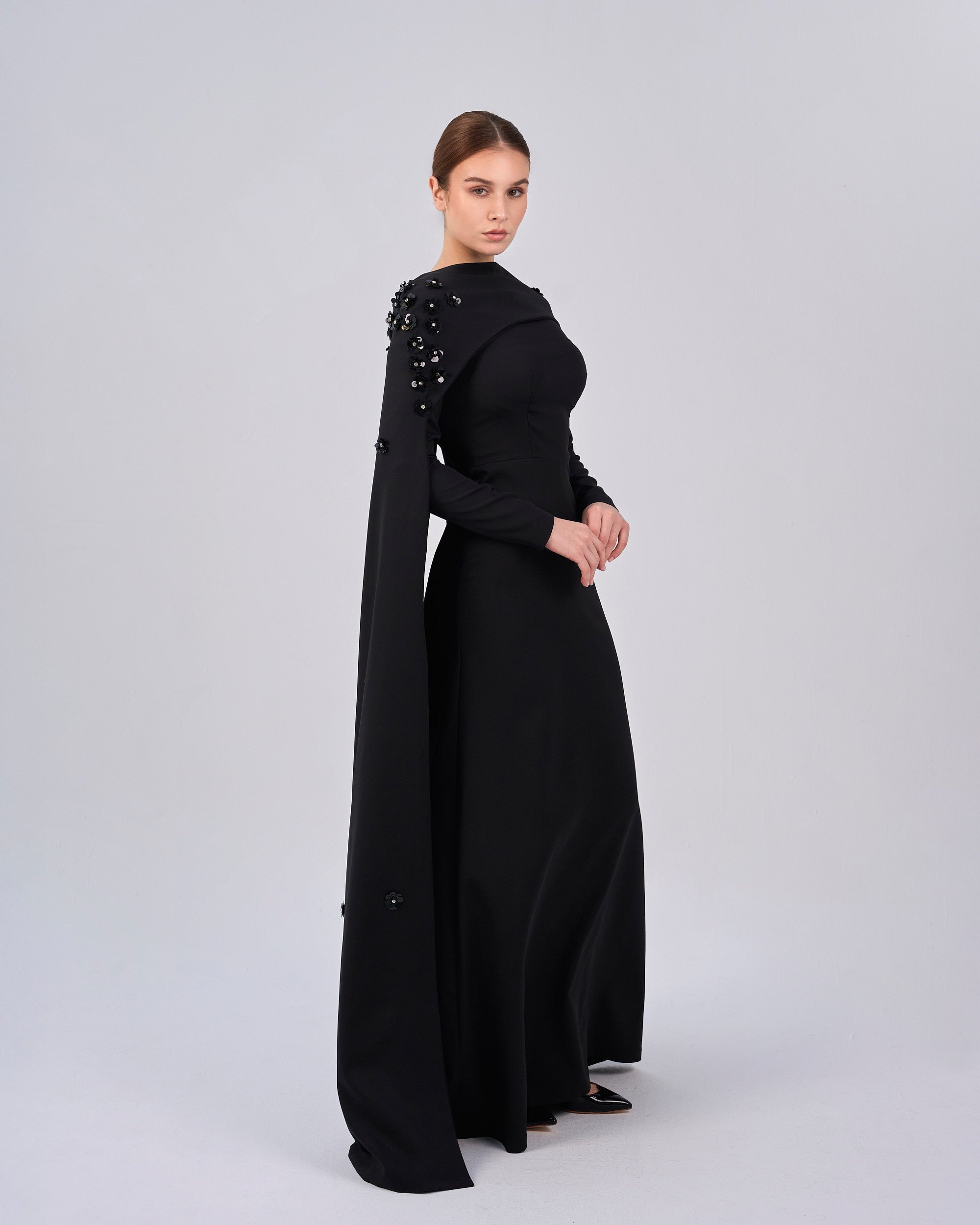Black dress with folded neckline and flowered back cape - SIENA