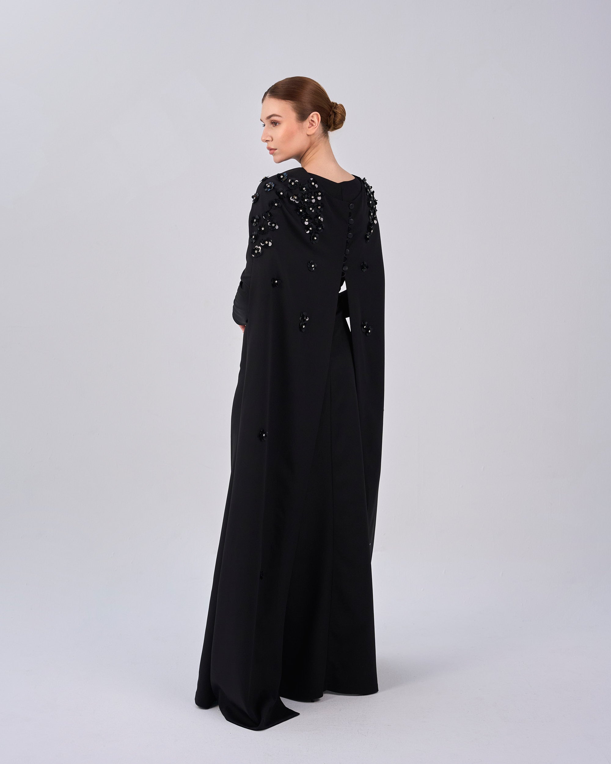Black dress with folded neckline and flowered back cape - SIENA