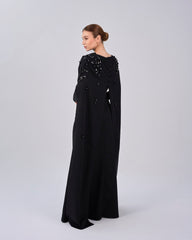 Black dress with folded neckline and flowered back cape - SIENA