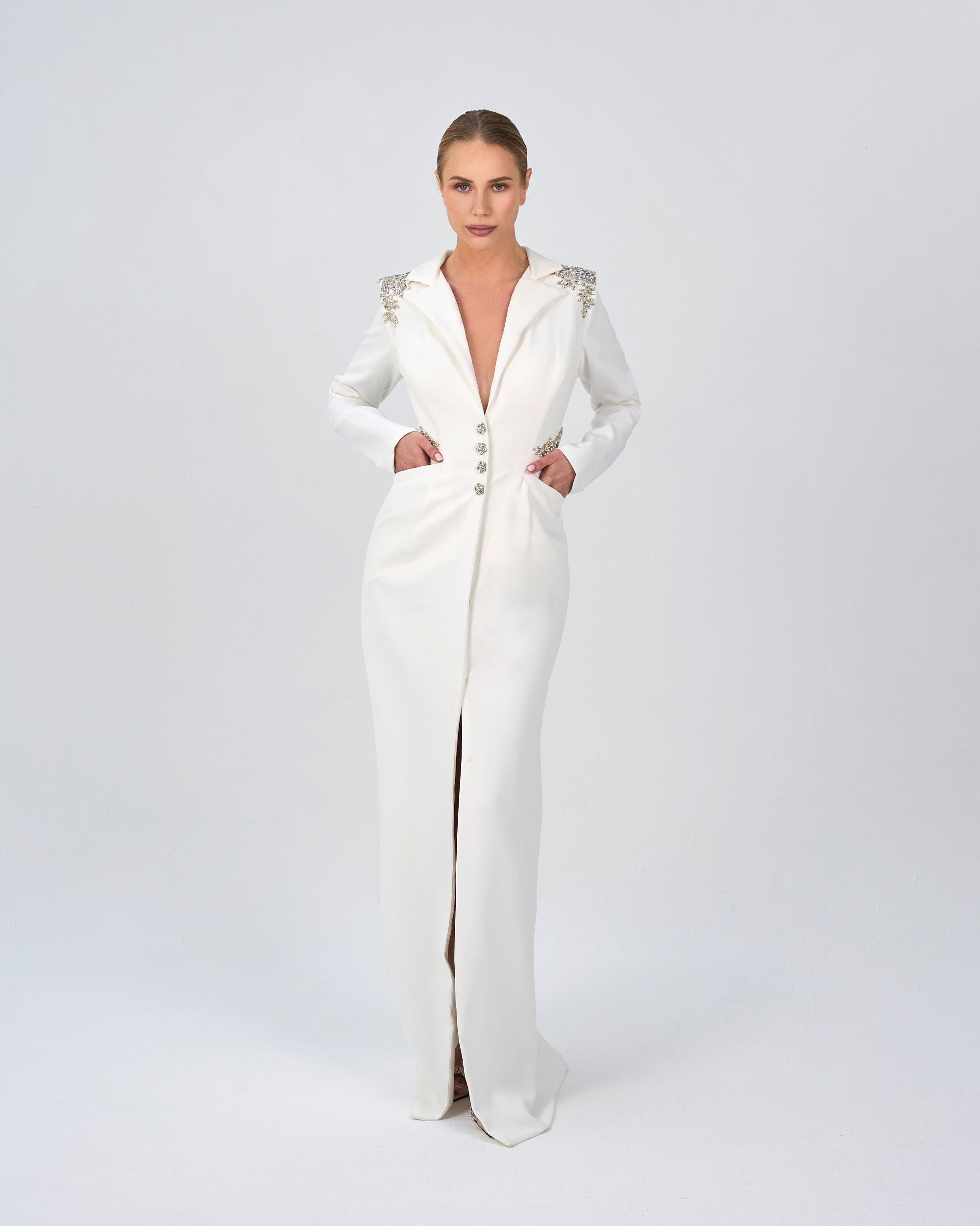 Beaded blazer dress with sharp shoulder-Sisley