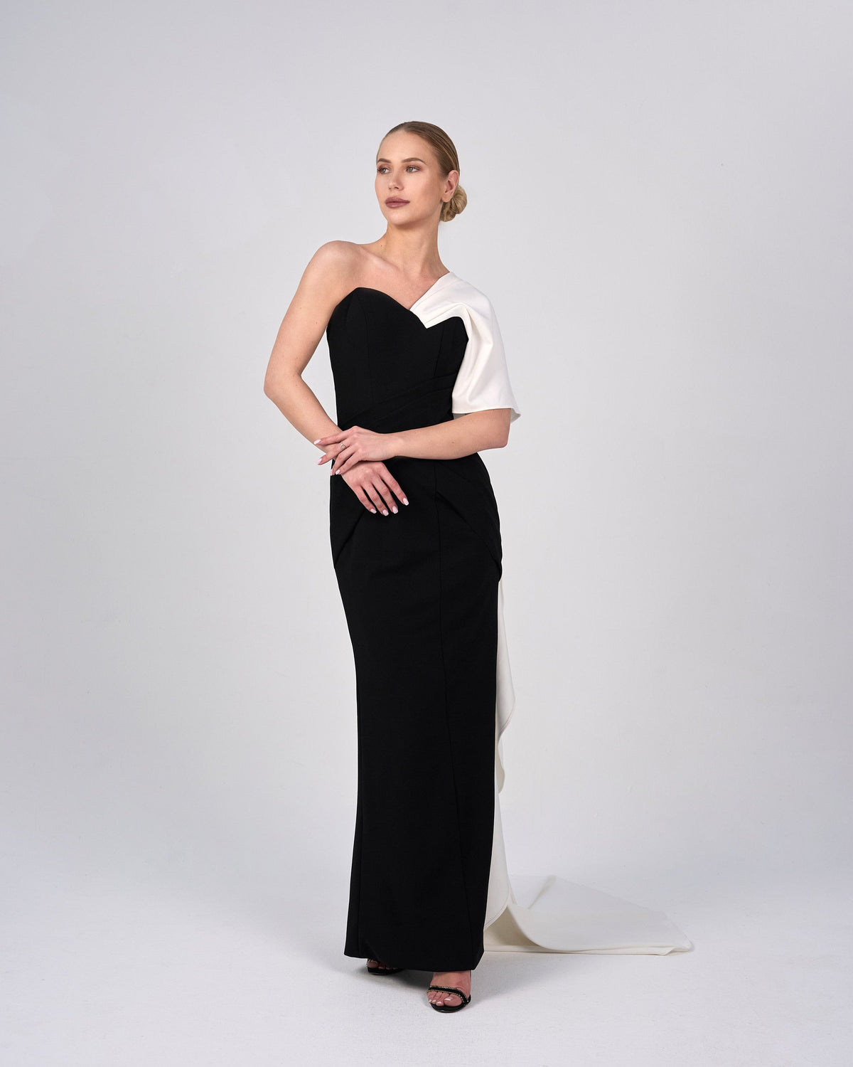 Strapless column dress with shoulder ruffle and train - ANIKA