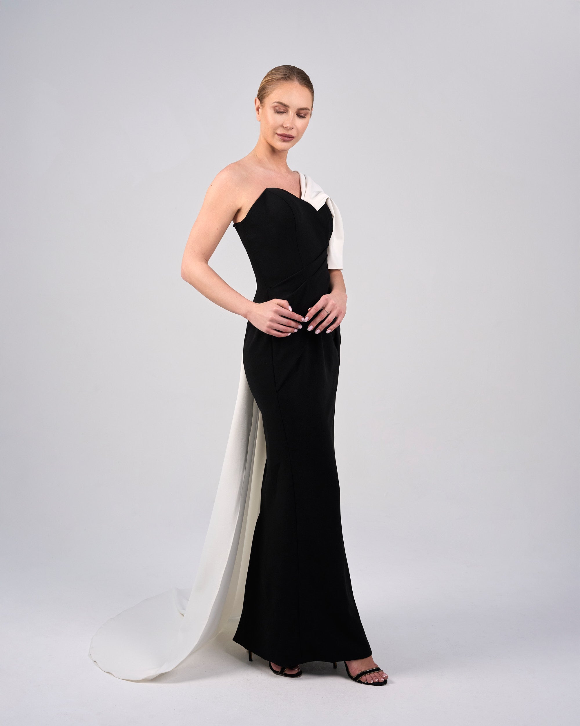 Strapless column dress with shoulder ruffle and train - ANIKA