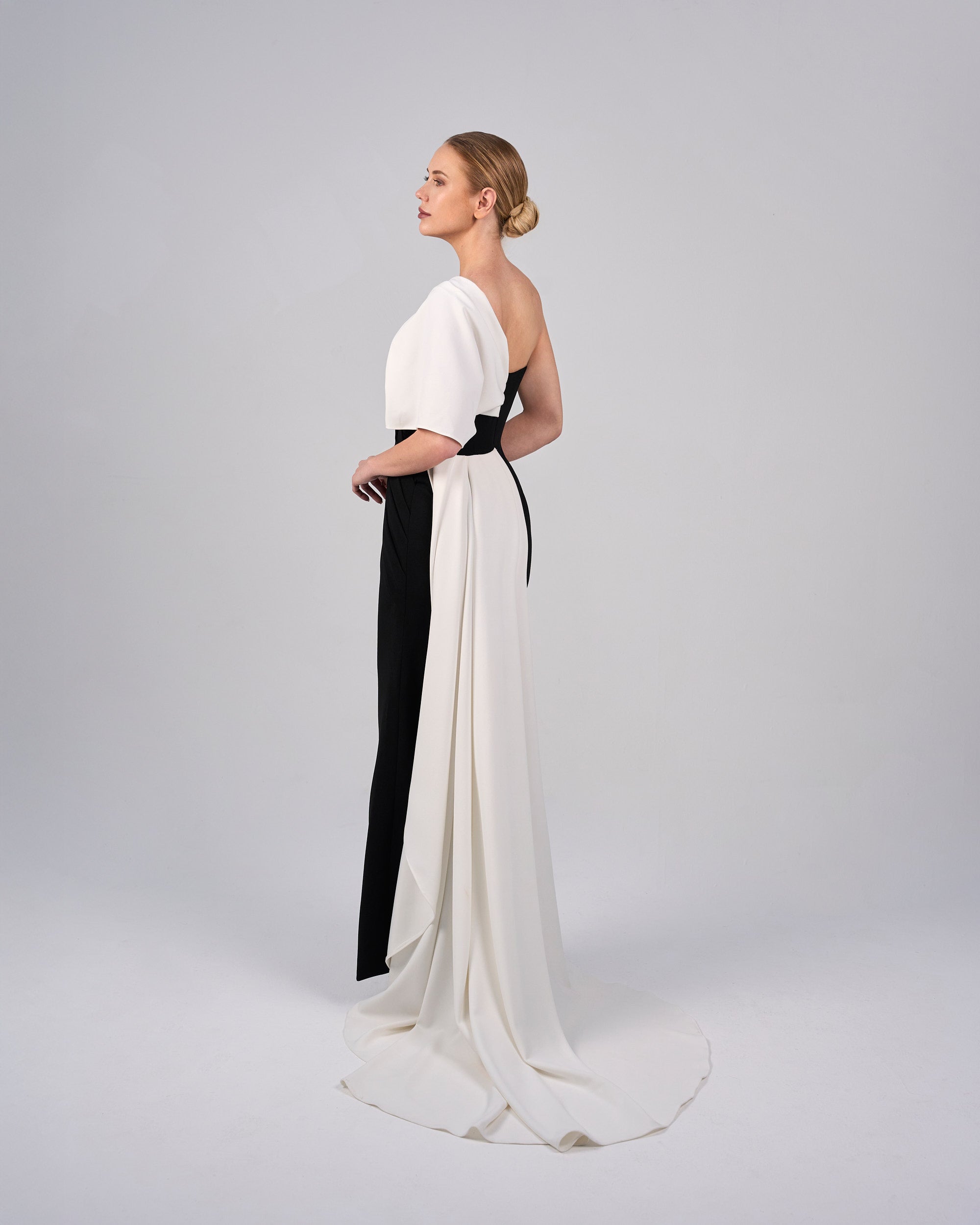 Strapless column dress with shoulder ruffle and train - ANIKA