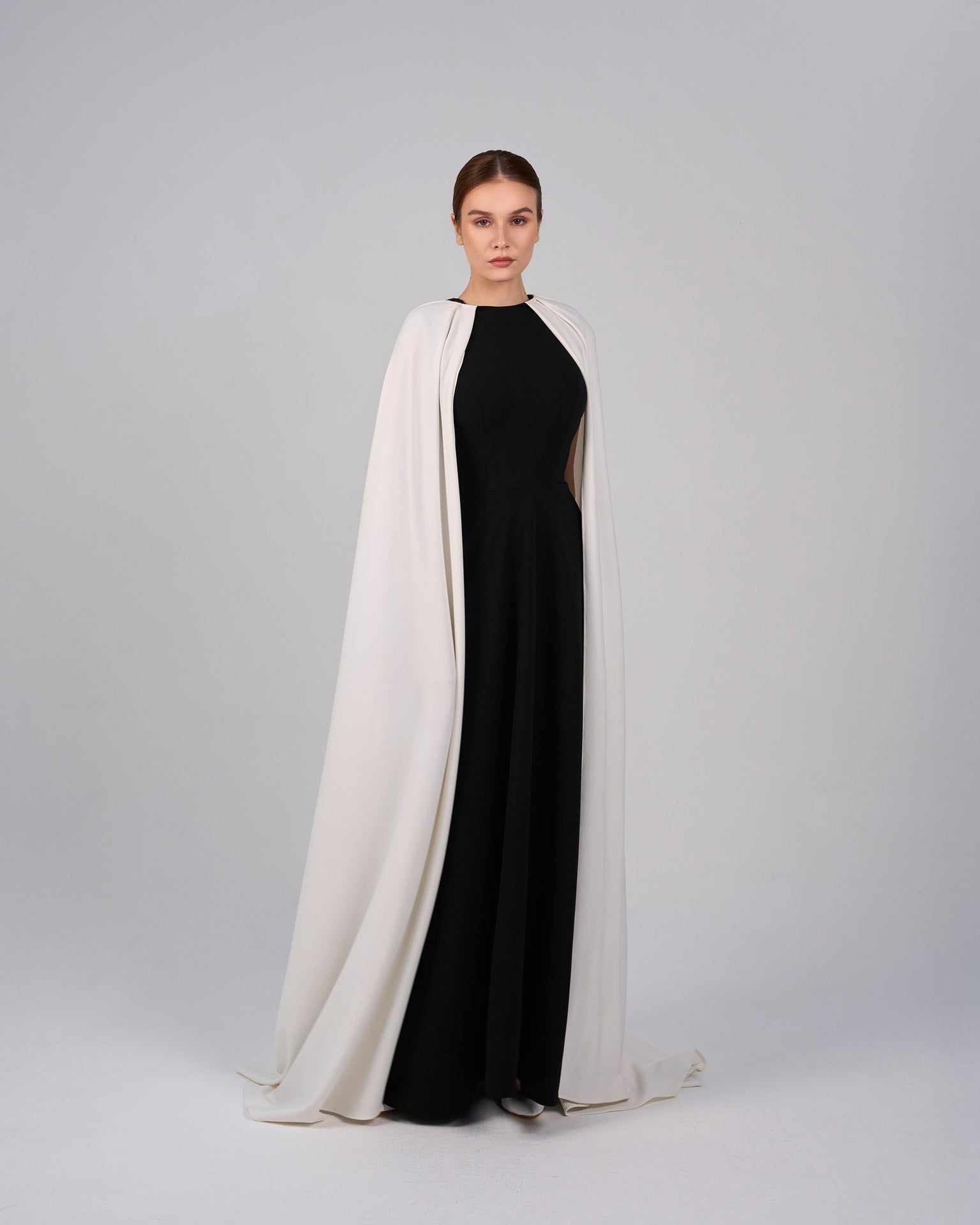 Black & white column dress with maxi cape - NOELLE