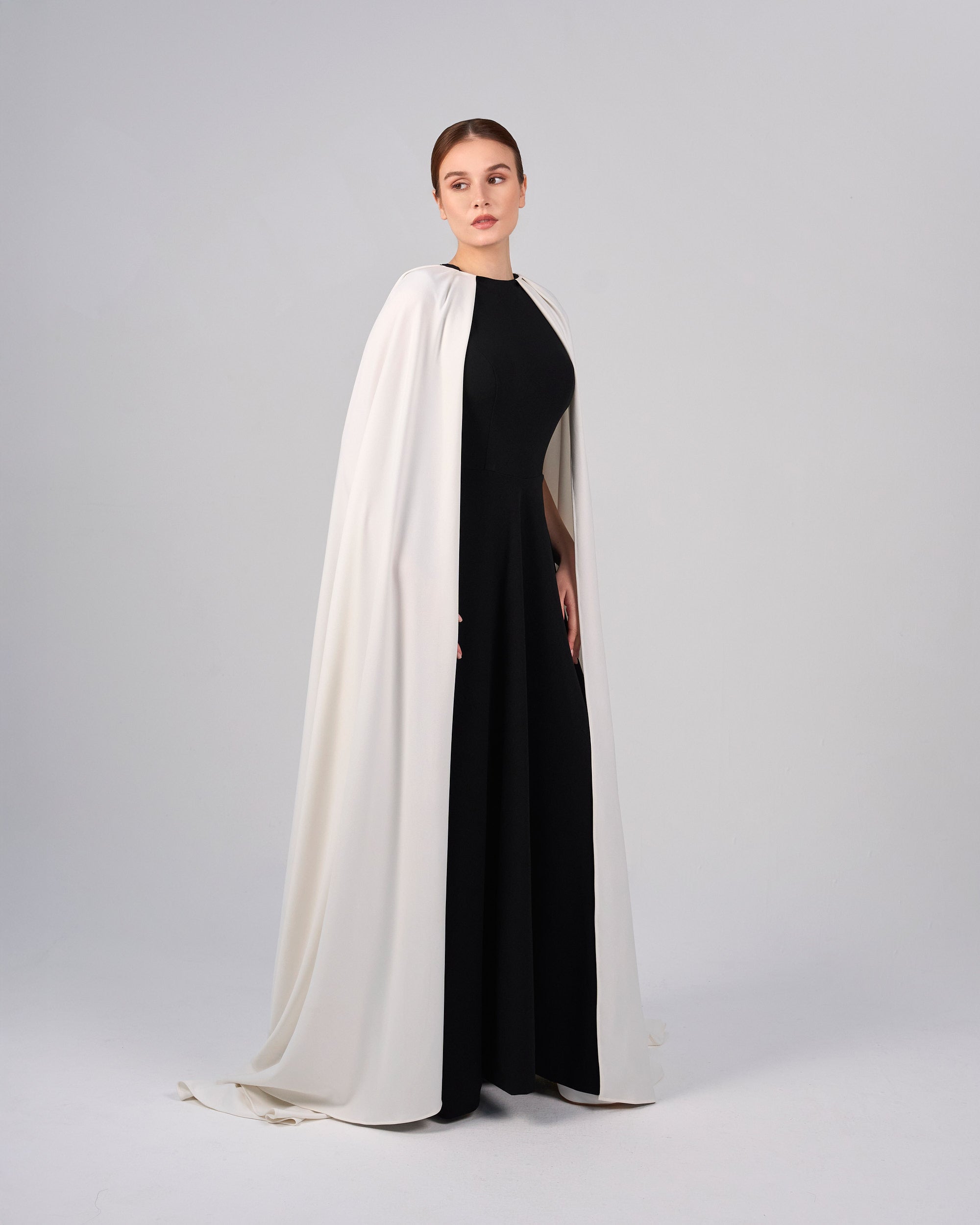 Black & white column dress with maxi cape - NOELLE