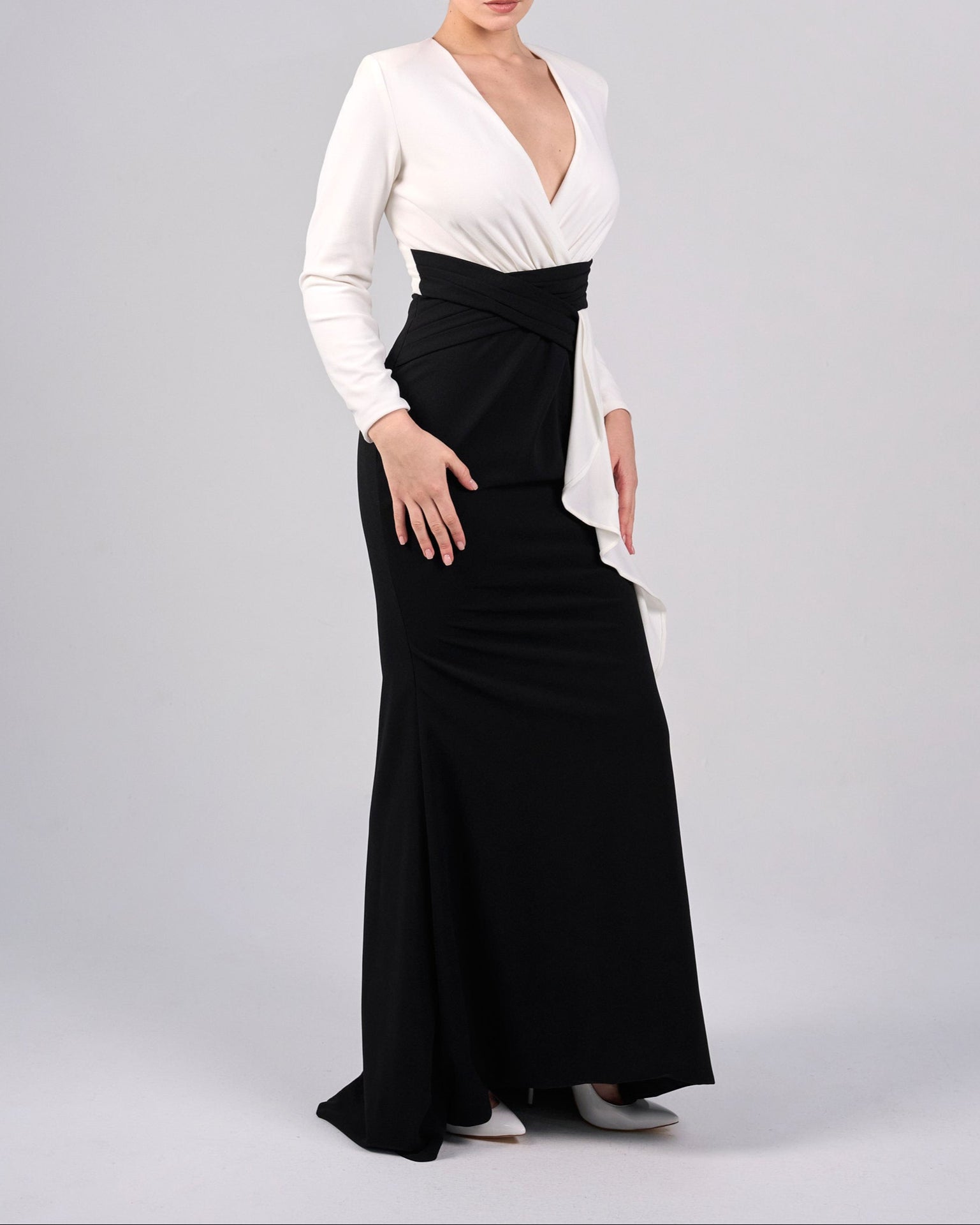 Draped V-neckline dress with ruffle-Juliah