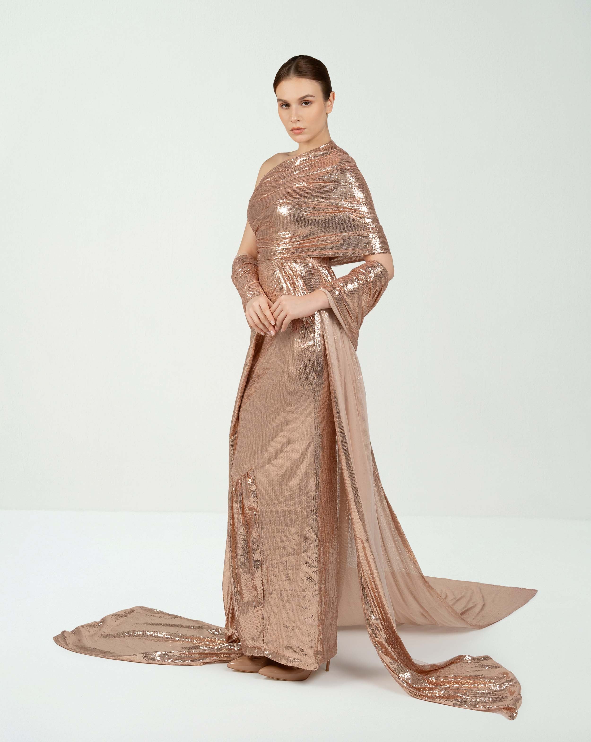 Draped sequined dress with train and shawl  - CELINE