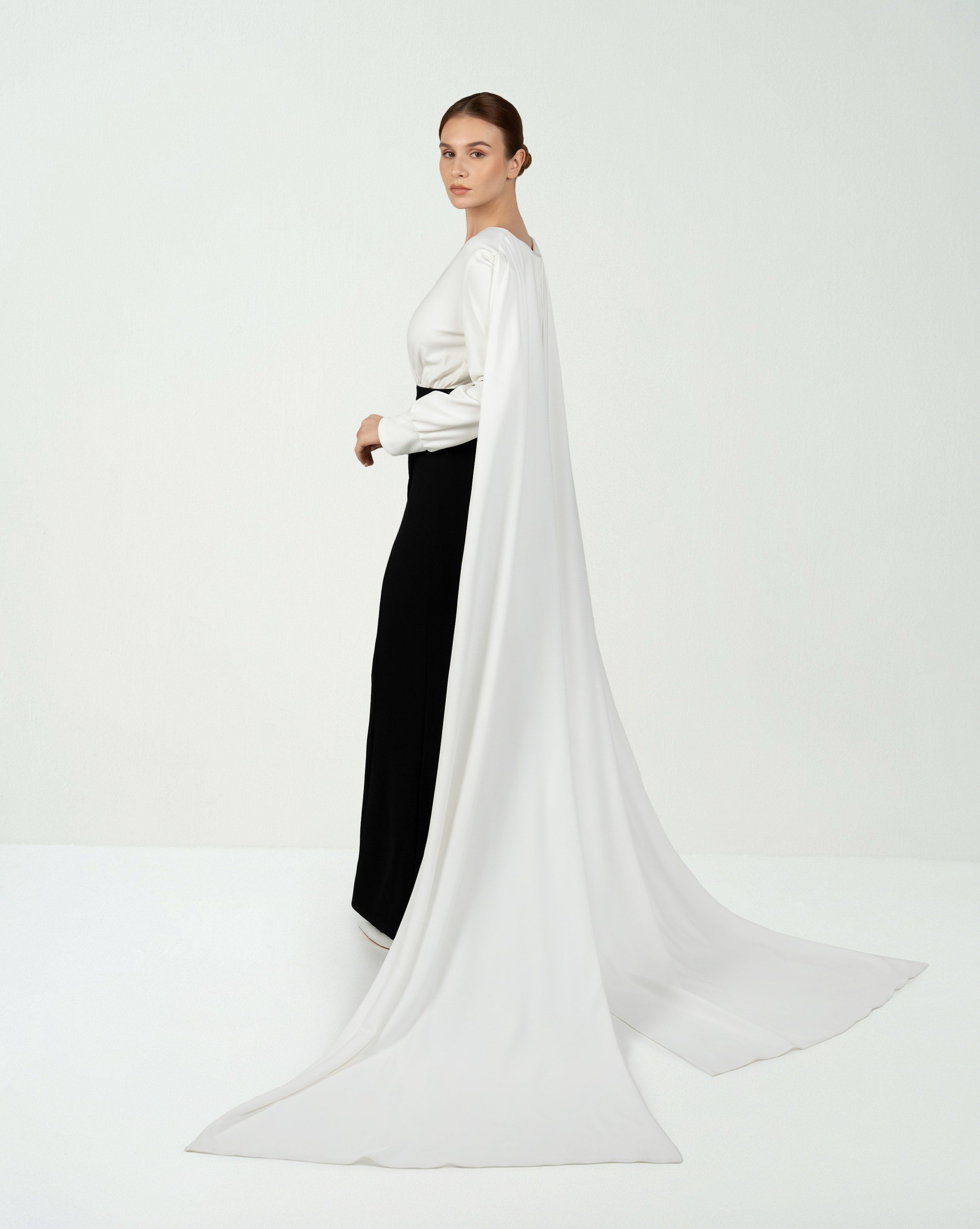 Black & white V-neckline dress with shoulder trains-Amarra