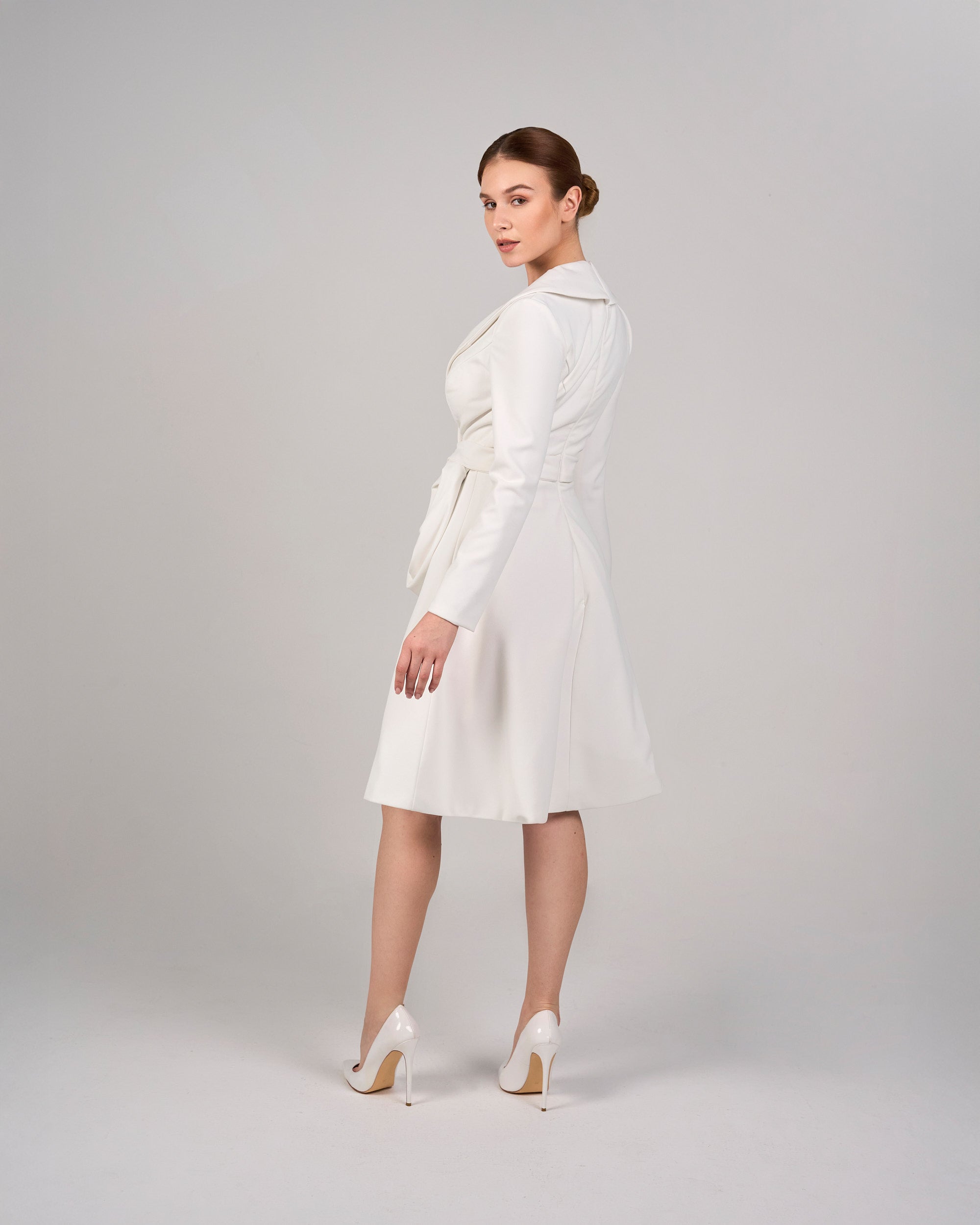 Long-Sleeve Wrap Dress with Draped Detail - IVORY