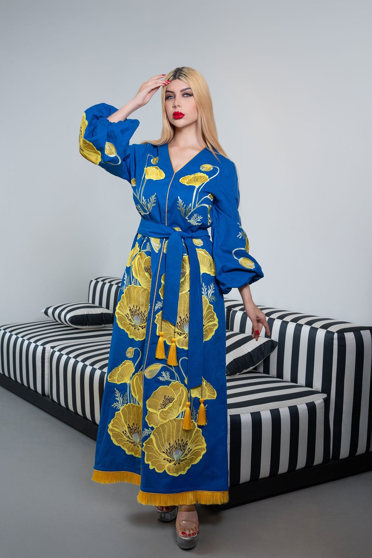 Embroidered Maxi Kaftan with Tassel Belt – AZURE