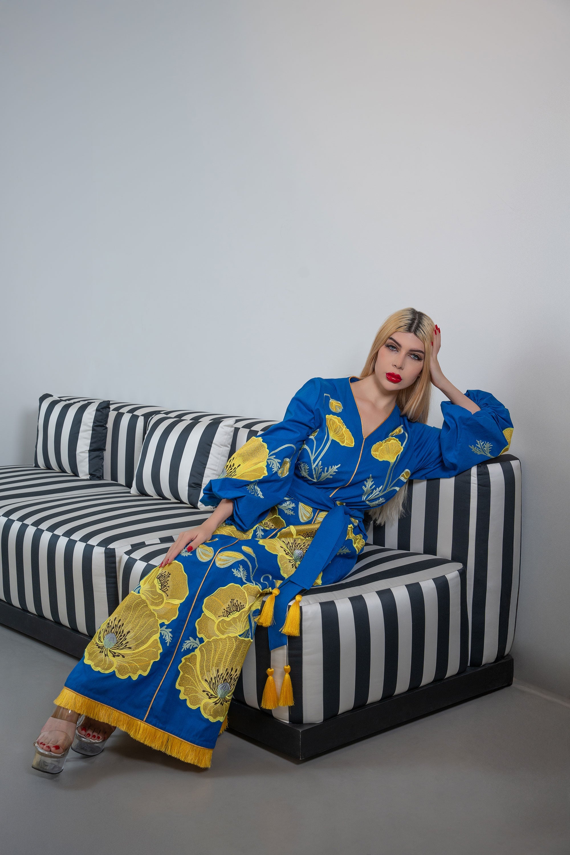 Embroidered Maxi Kaftan with Tassel Belt – AZURE