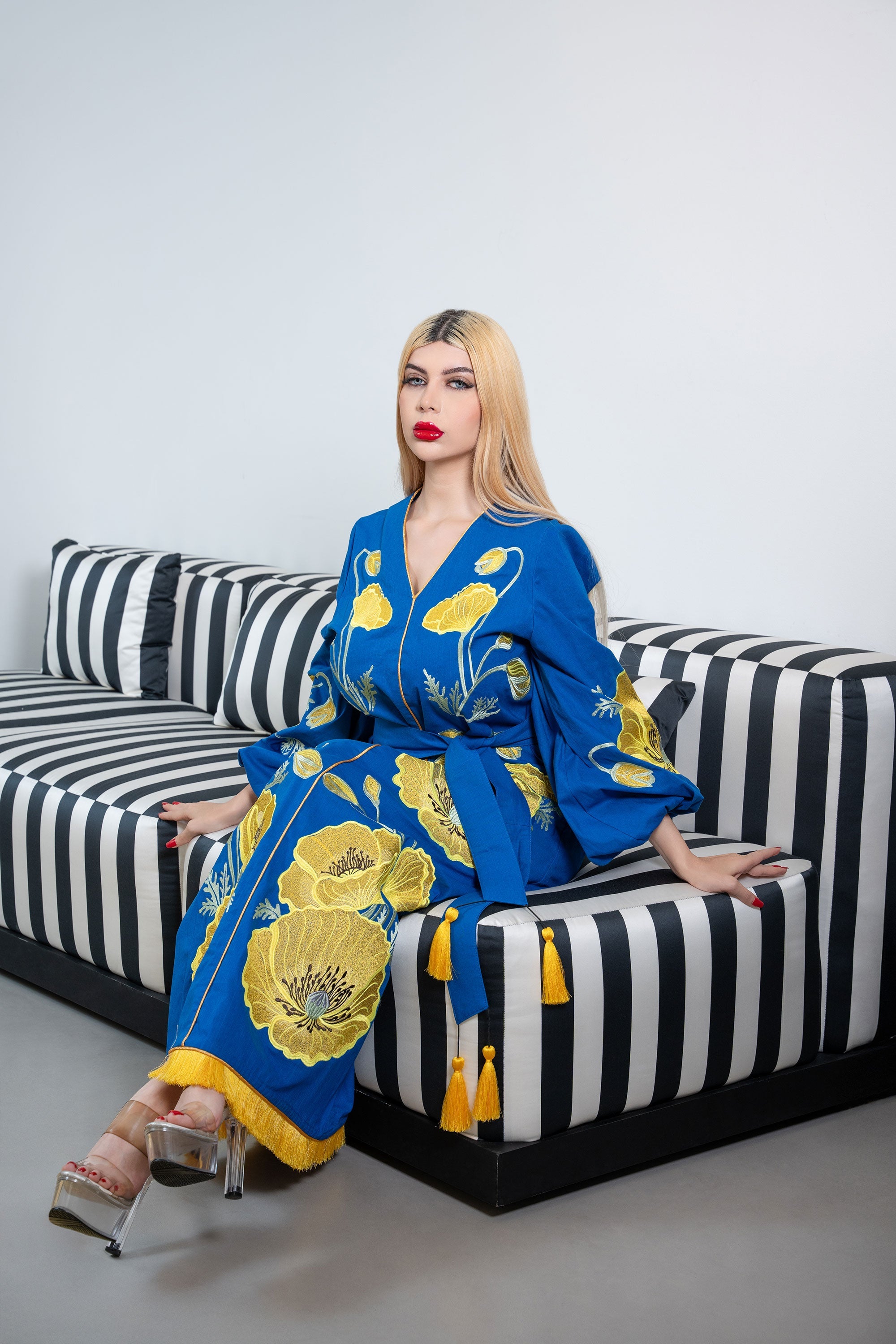 Embroidered Maxi Kaftan with Tassel Belt – AZURE