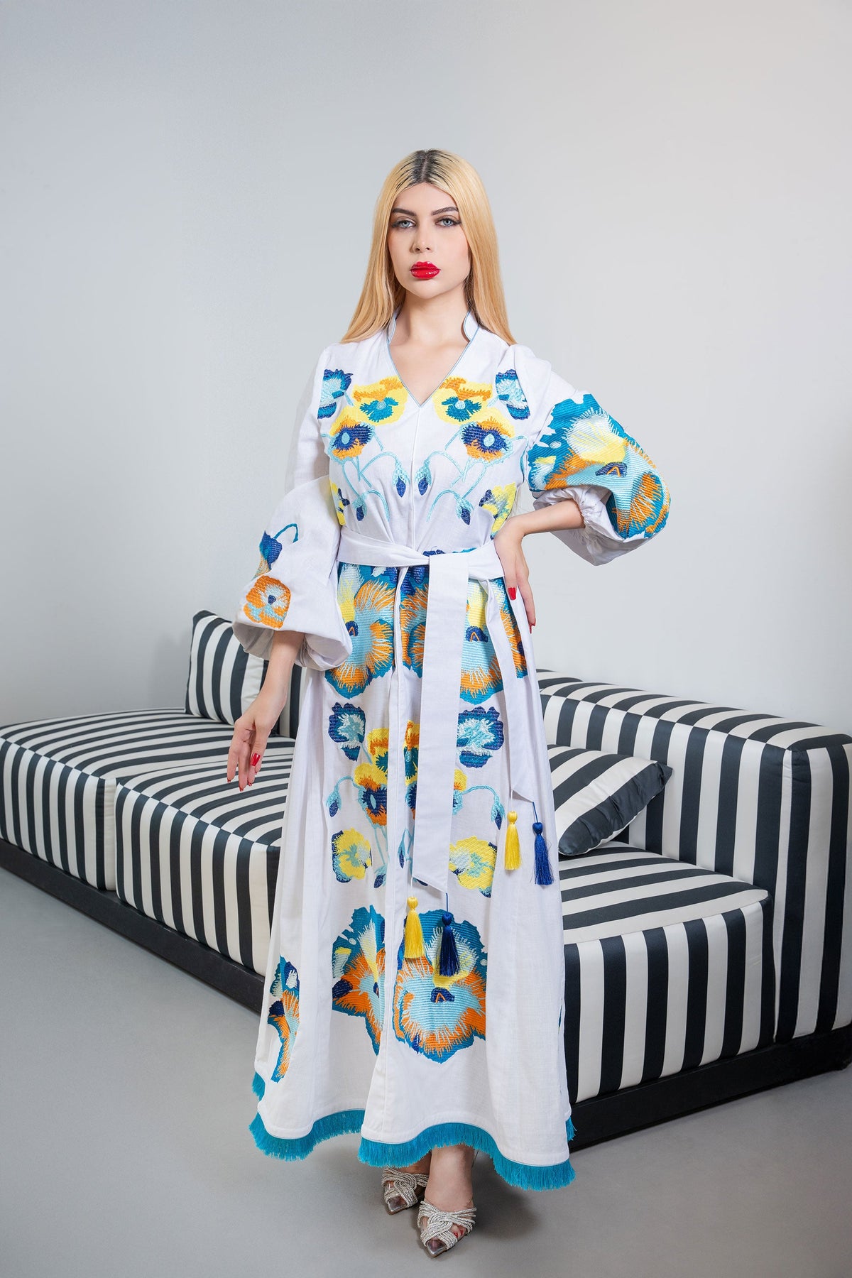 Embroidered Maxi Kaftan with Tassel Accents – BIANCA