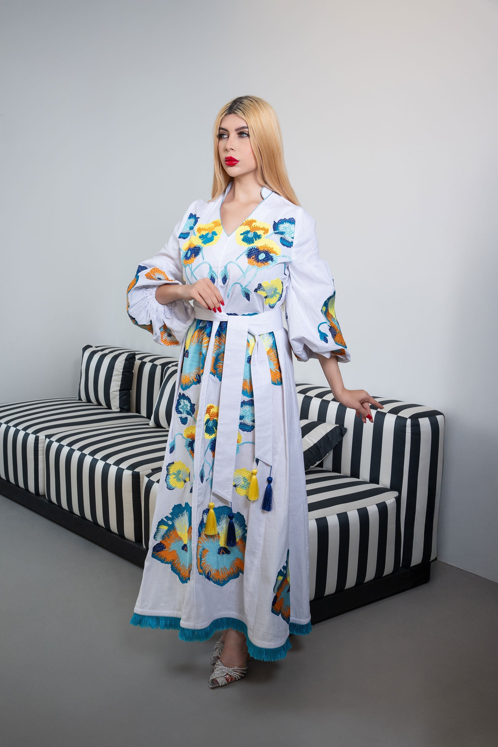 Embroidered Maxi Kaftan with Tassel Accents – BIANCA