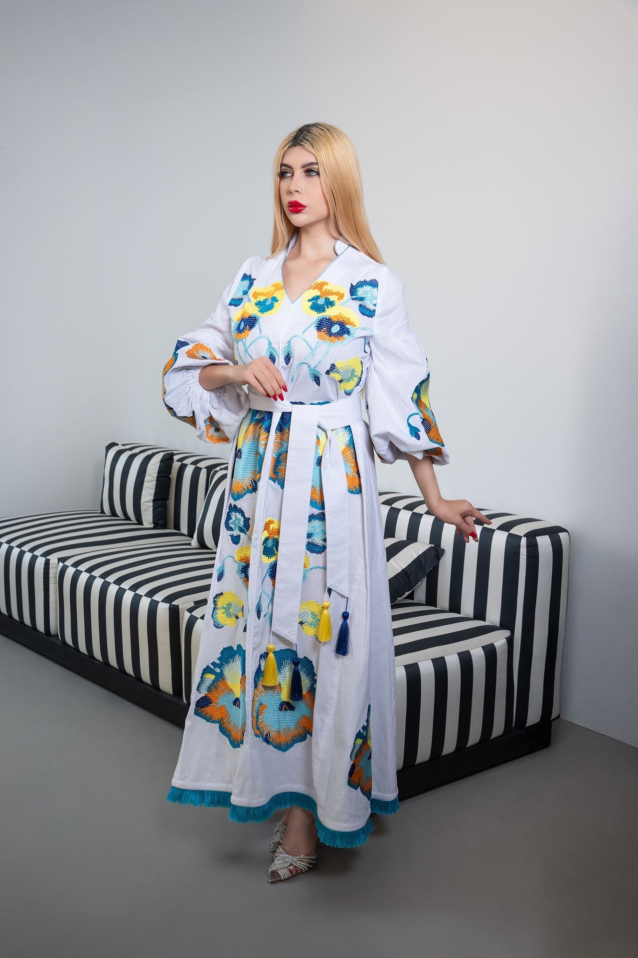 Embroidered Maxi Kaftan with Tassel Accents – BIANCA