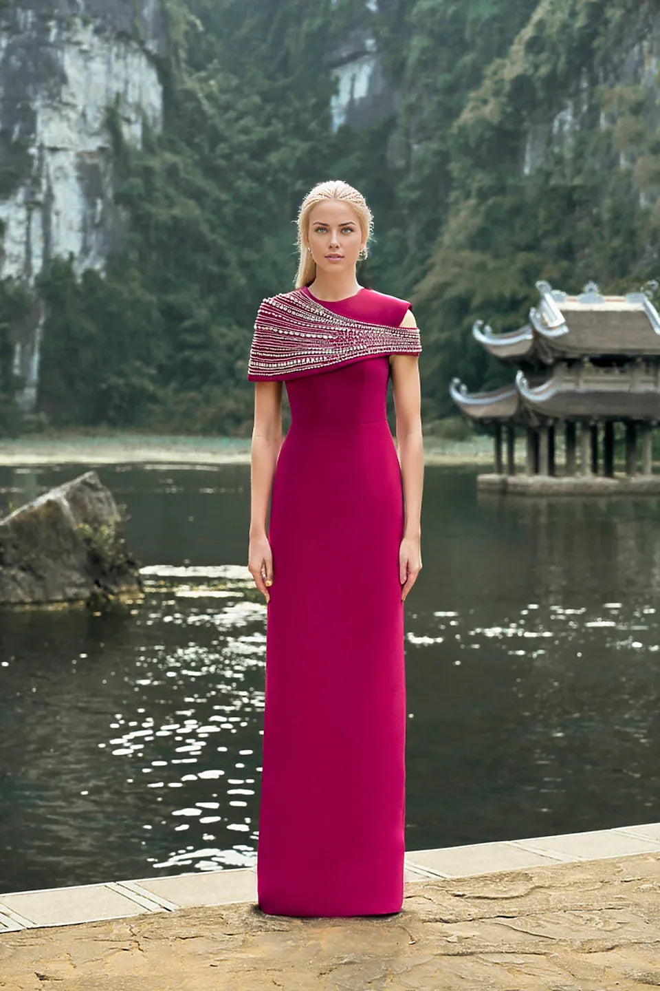 embellished asymmetric cape gown – Lornal