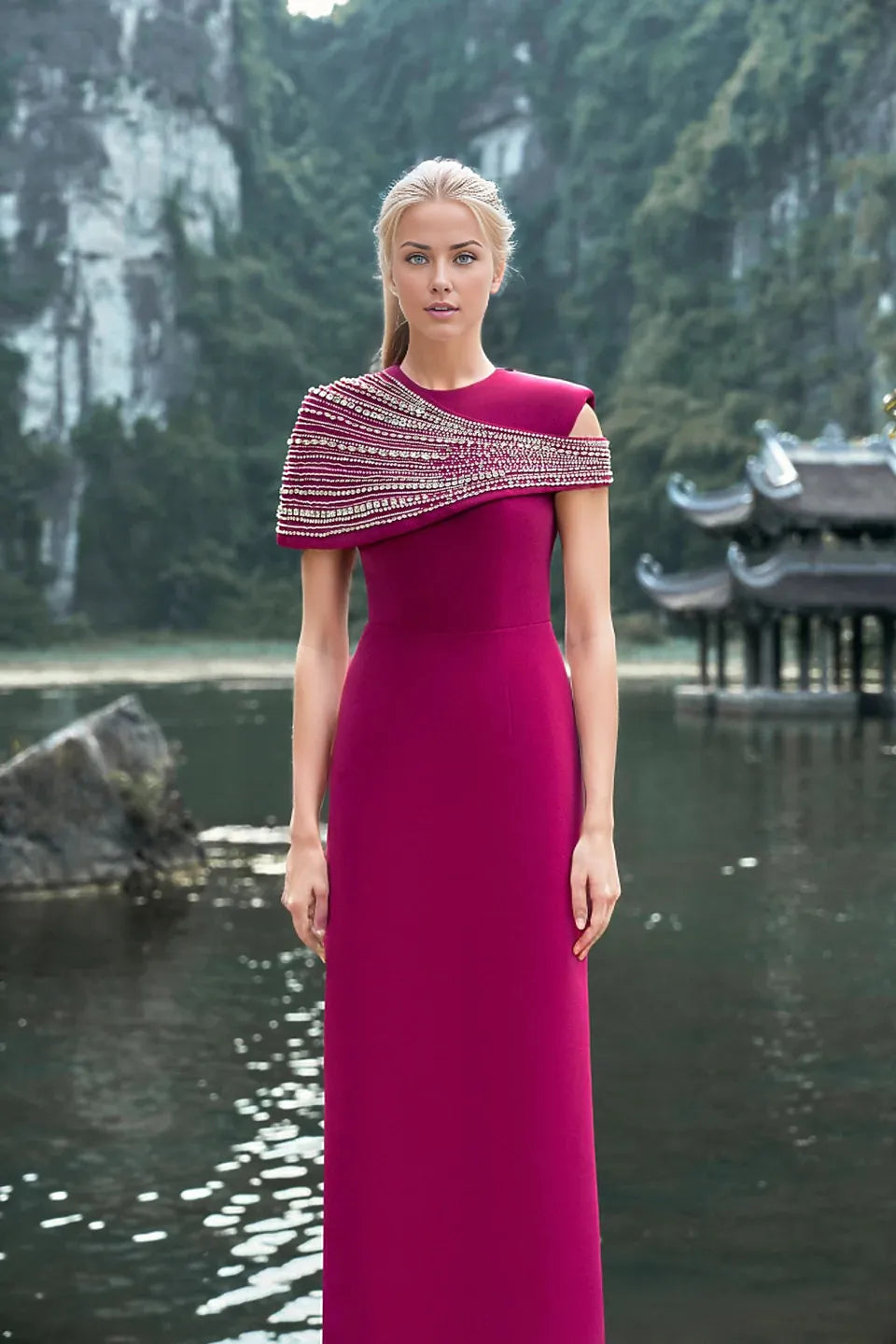 embellished asymmetric cape gown – Lornal