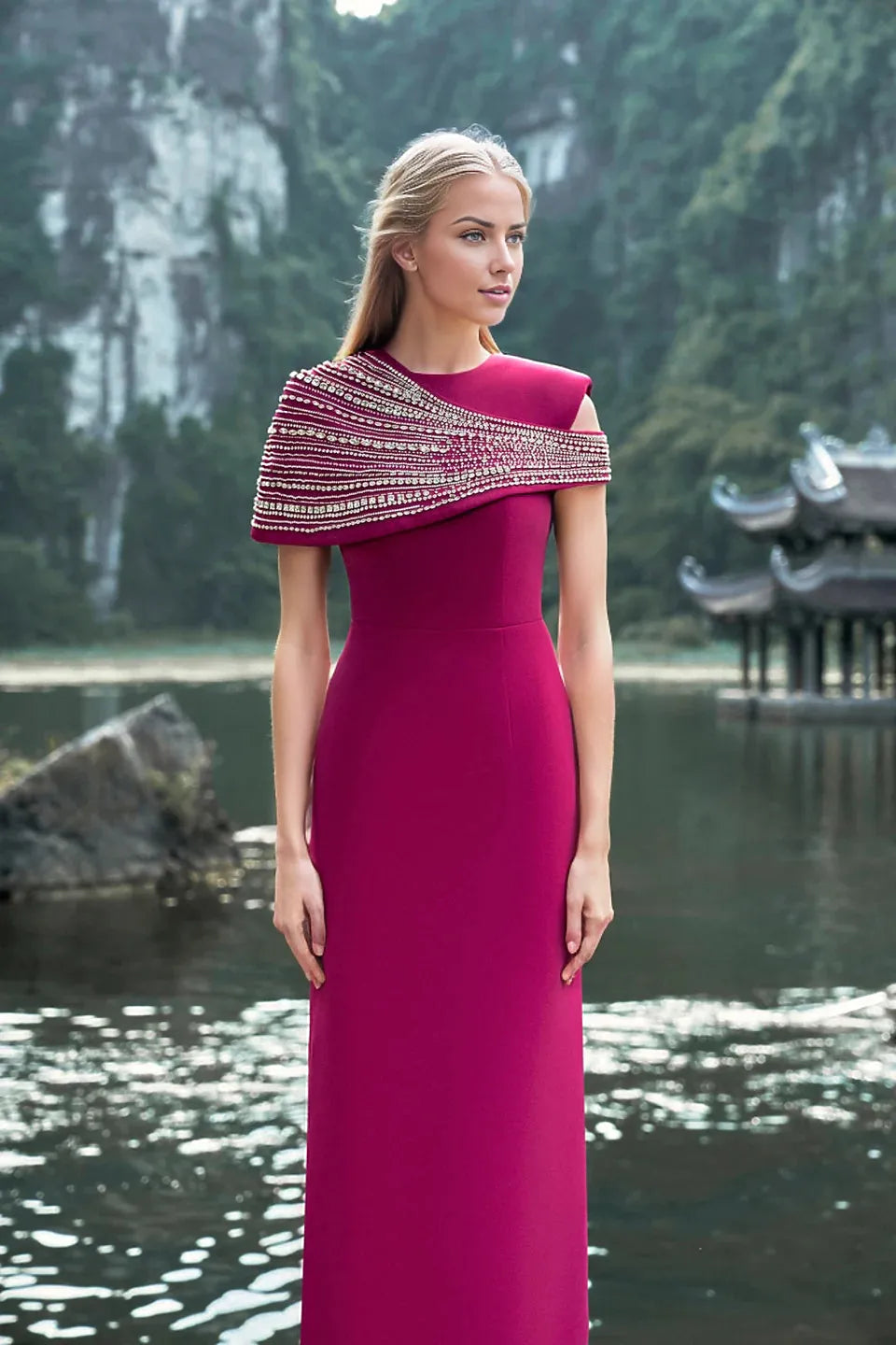 embellished asymmetric cape gown – Lornal