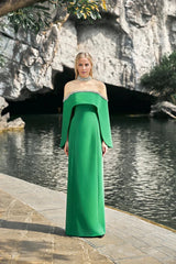 Off-shoulder column gown with embellished illusion neckline – Jovien