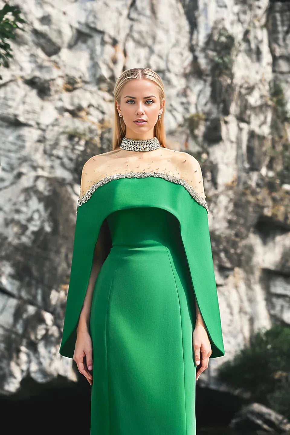 Off-shoulder column gown with embellished illusion neckline – Jovien