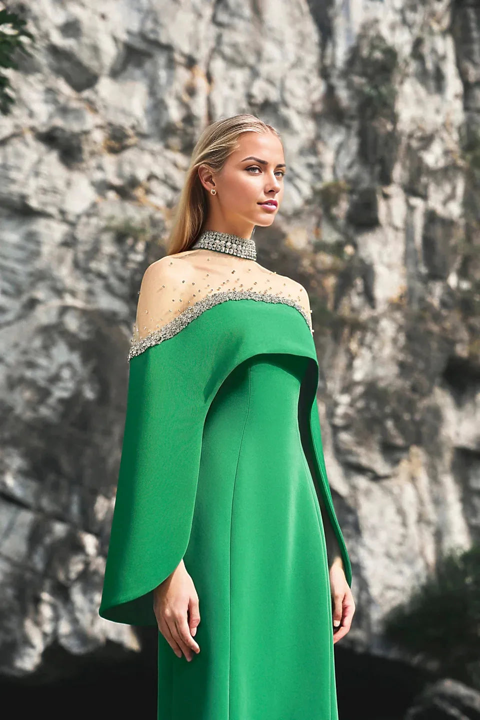 Off-shoulder column gown with embellished illusion neckline – Jovien