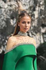 Off-shoulder column gown with embellished illusion neckline – Jovien