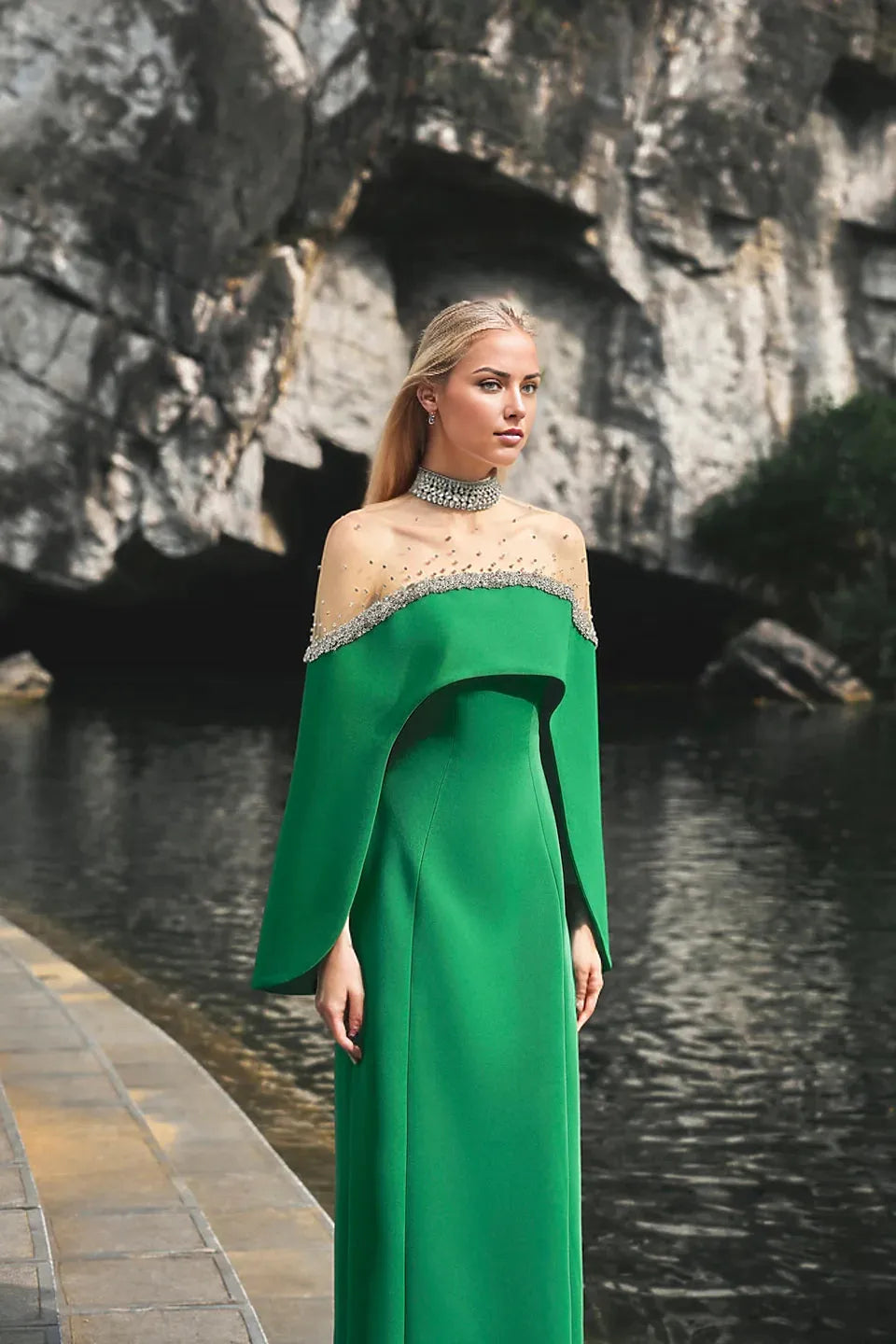 Off-shoulder column gown with embellished illusion neckline – Jovien