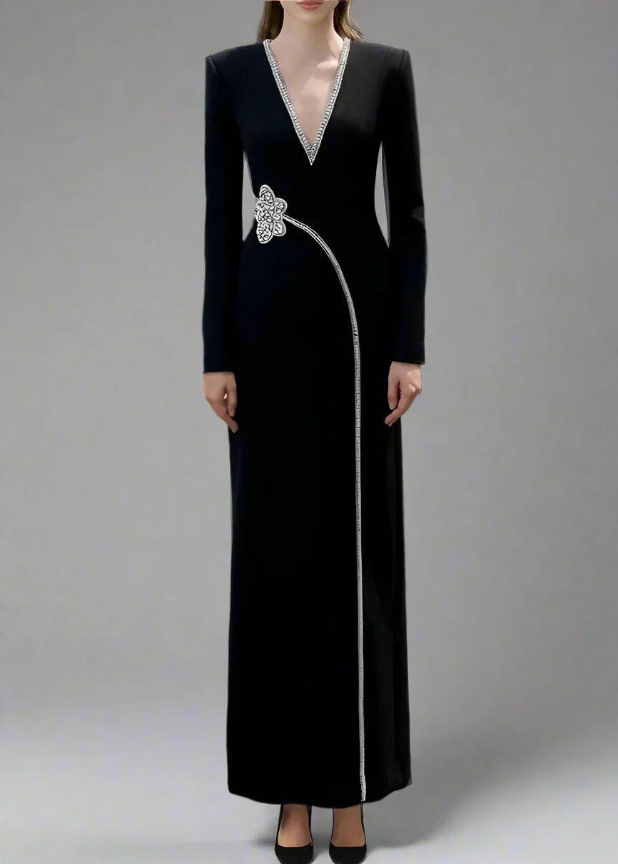 Long-sleeve column dress with V-neck and floral embellishment - ORBIT