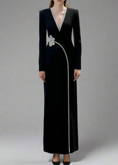 Long-sleeve column dress with V-neck and floral embellishment - ORBIT