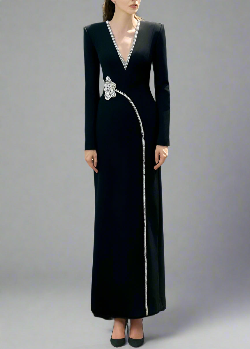 Long-sleeve column dress with V-neck and floral embellishment - ORBIT