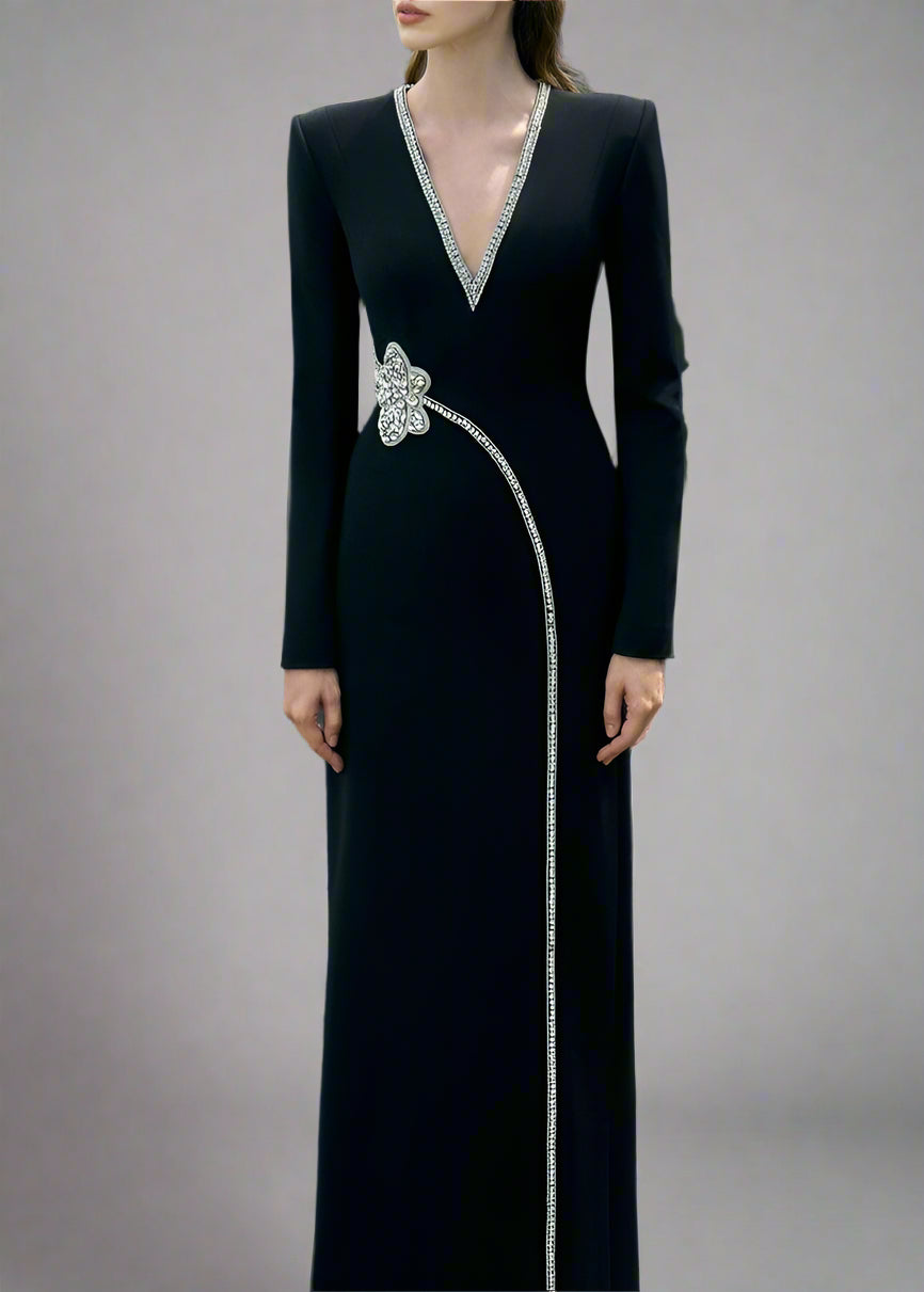 Long-sleeve column dress with V-neck and floral embellishment - ORBIT