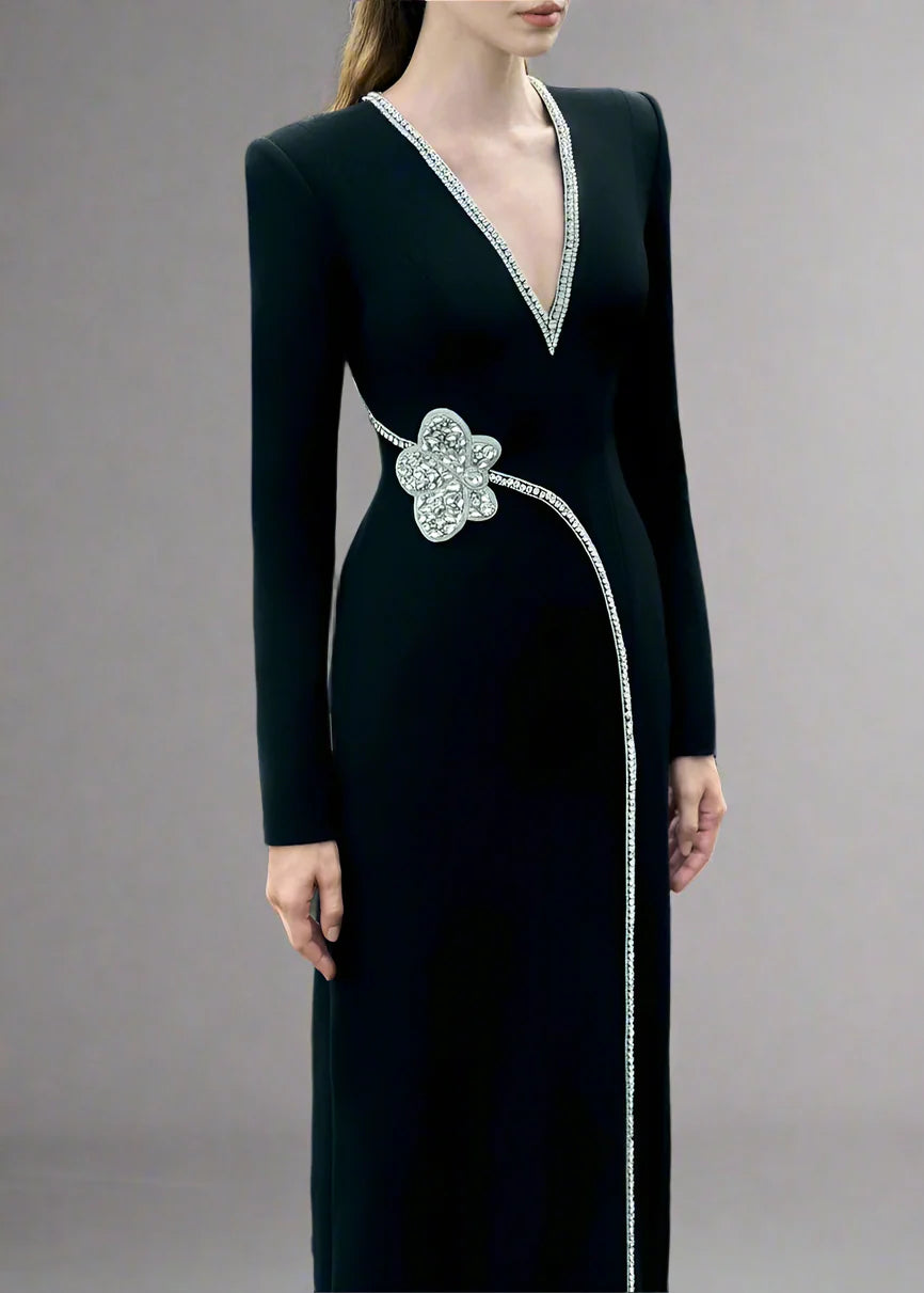 Long-sleeve column dress with V-neck and floral embellishment - ORBIT