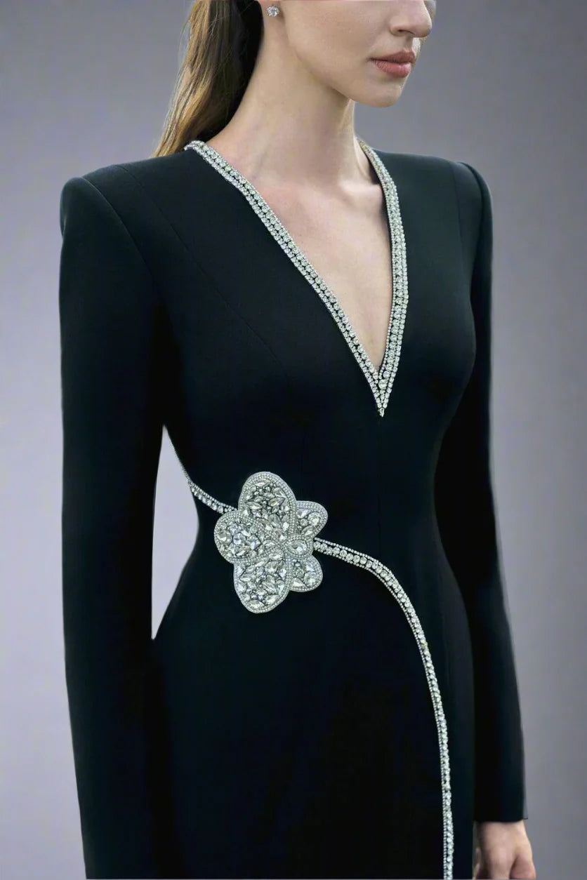 Long-sleeve column dress with V-neck and floral embellishment - ORBIT