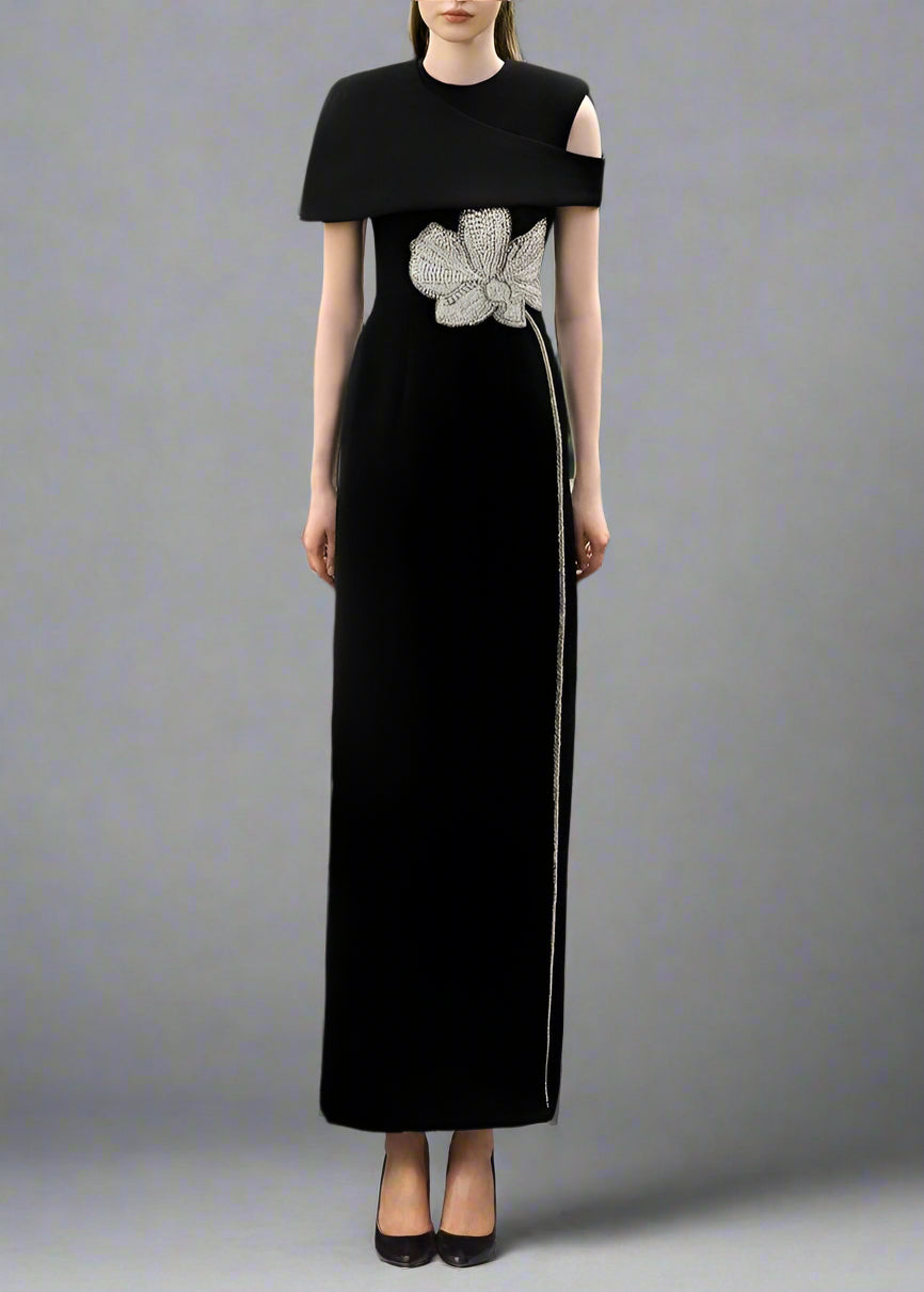 One-shoulder column dress with floral embellishment - OBSIDIAN