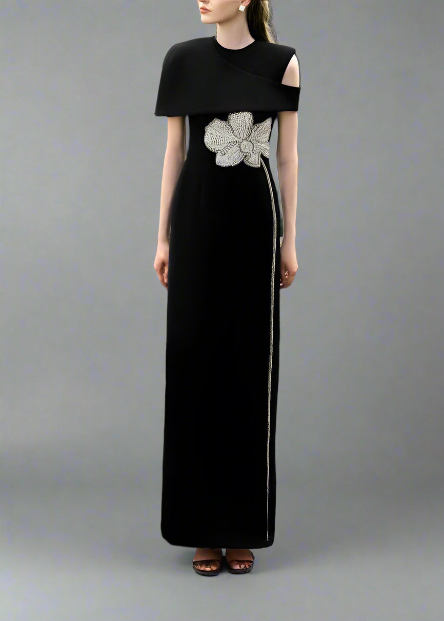 One-shoulder column dress with floral embellishment - OBSIDIAN