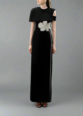 One-shoulder column dress with floral embellishment - OBSIDIAN