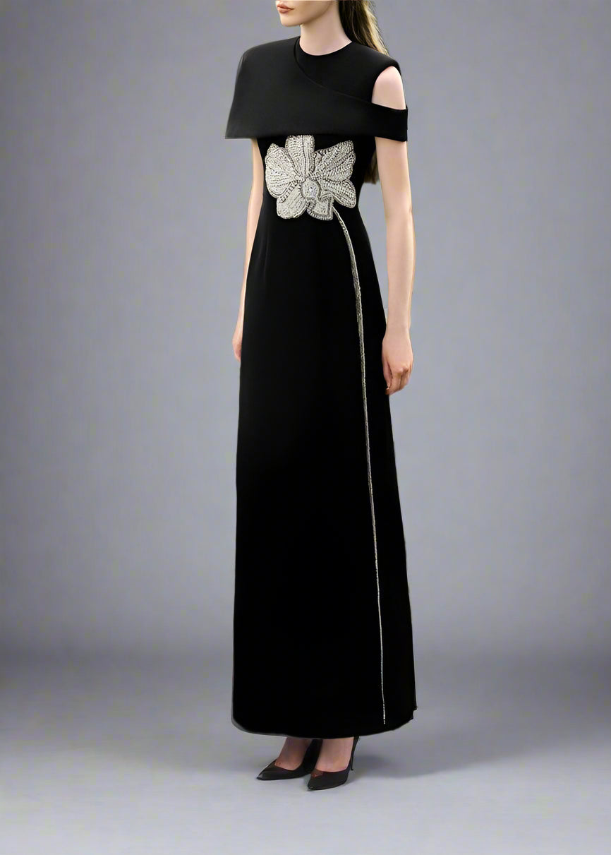 One-shoulder column dress with floral embellishment - OBSIDIAN