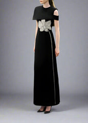 One-shoulder column dress with floral embellishment - OBSIDIAN