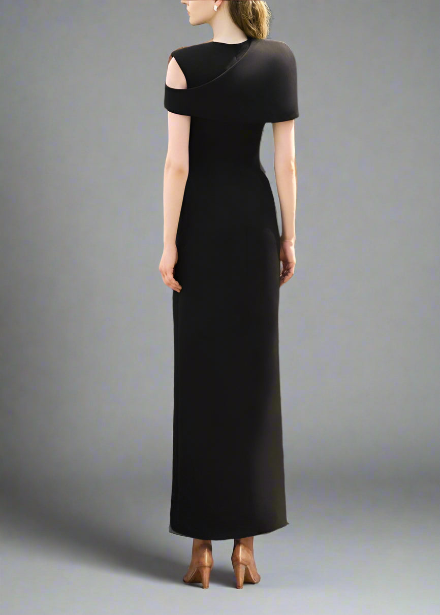 One-shoulder column dress with floral embellishment - OBSIDIAN
