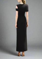 One-shoulder column dress with floral embellishment - OBSIDIAN