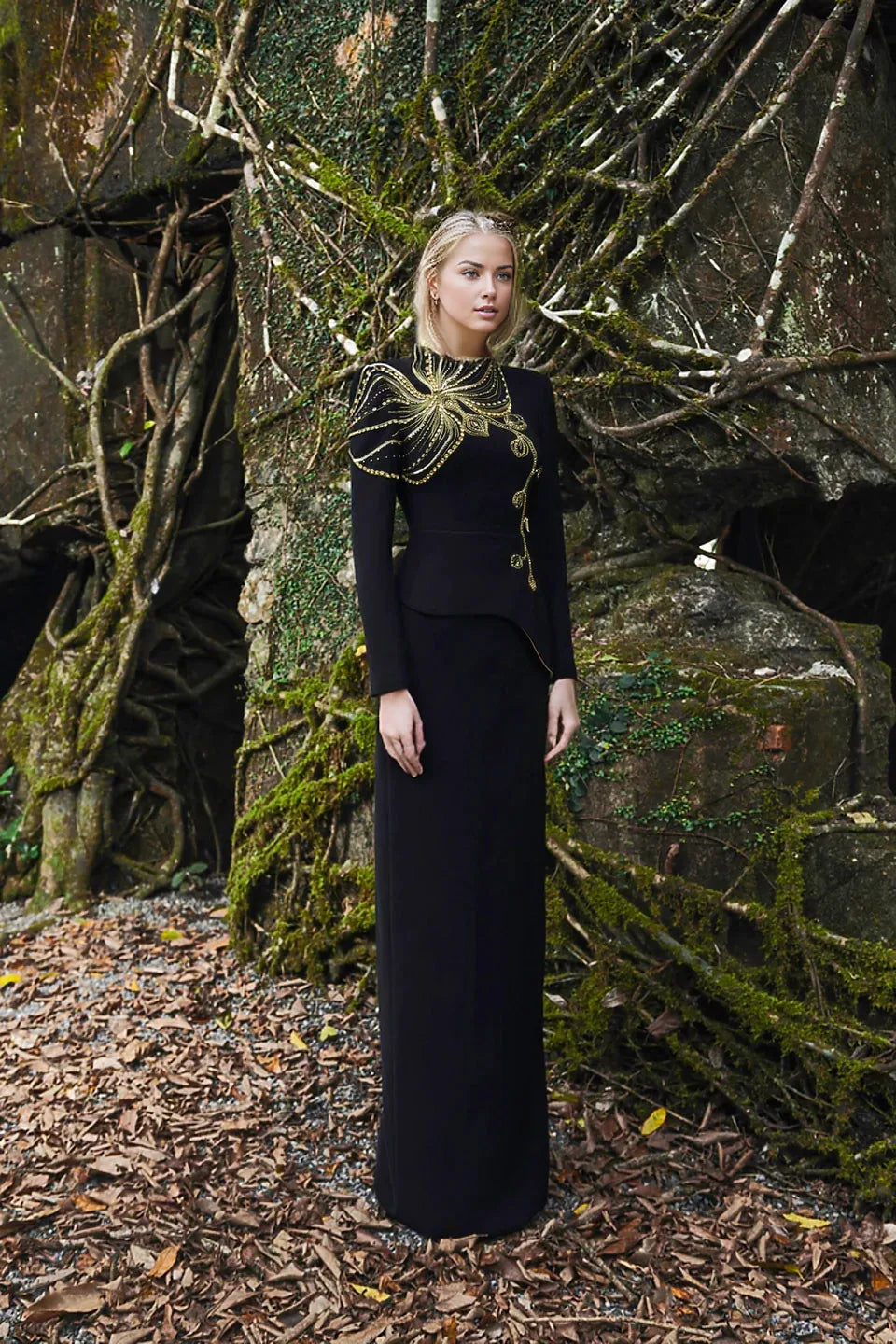 embroidered peplum column gown – Dalee