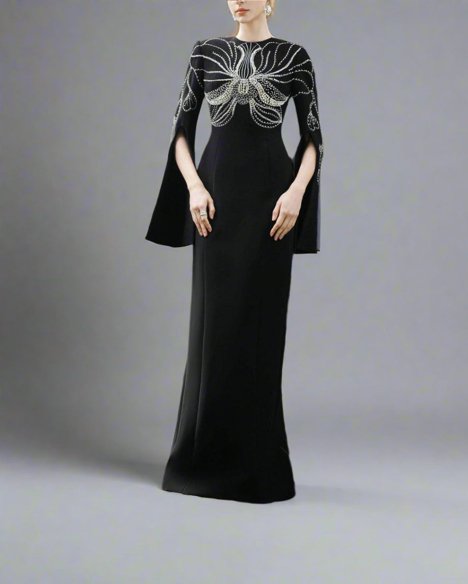 Embellished Column Dress with Cape Sleeves - Marina