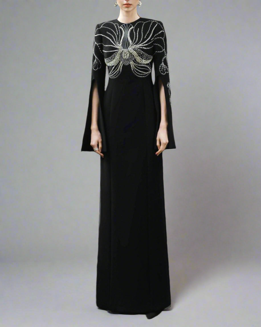 Embellished Column Dress with Cape Sleeves - Marina