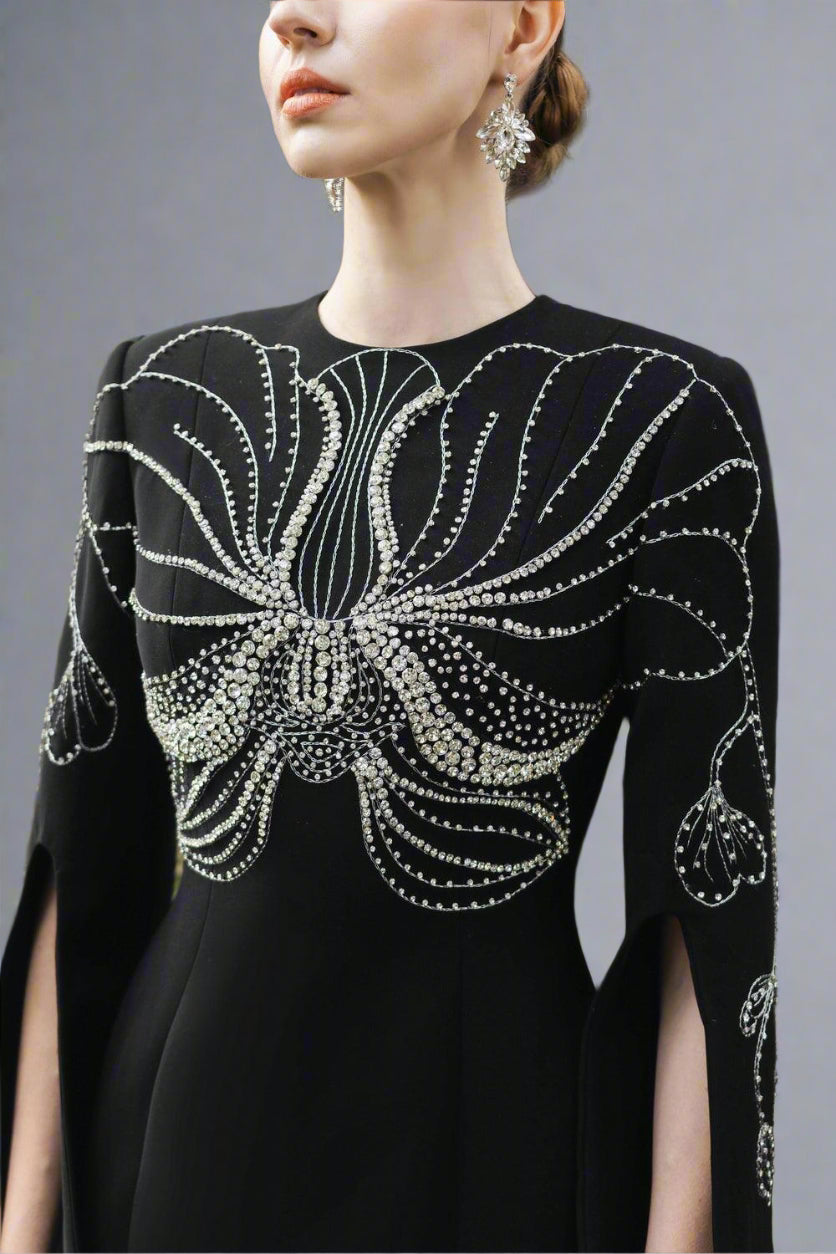Embellished Column Dress with Cape Sleeves - Marina