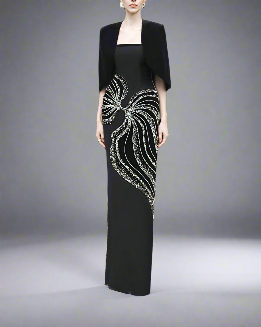 Strapless Column Dress with Velvet Cape - Leslie